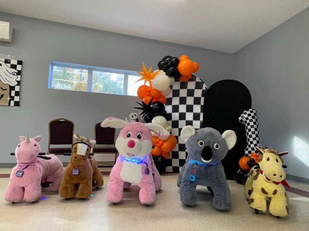 Ride-on animals set up at an indoor birthday party